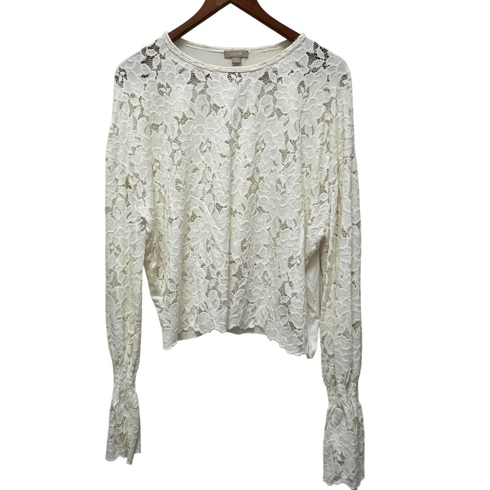 Pointelle Ivory Floral Lace Long Sleeve‎ Top Smocked Cuff Cream Womens Large